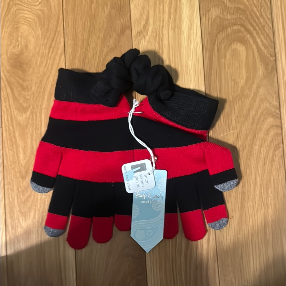 Mud pie Red and Black Striped Smart Gloves